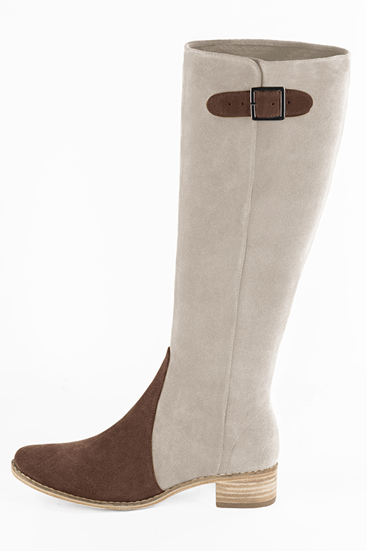 Chocolate brown and off white women's knee-high boots with buckles. Round toe. Low leather soles. Made to measure. Profile view - Florence KOOIJMAN